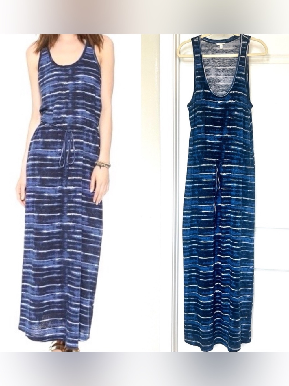 Soft Joie Maxi Dress Women Medium Navy Blue White Tie Dye 100% Cotton Drawstring